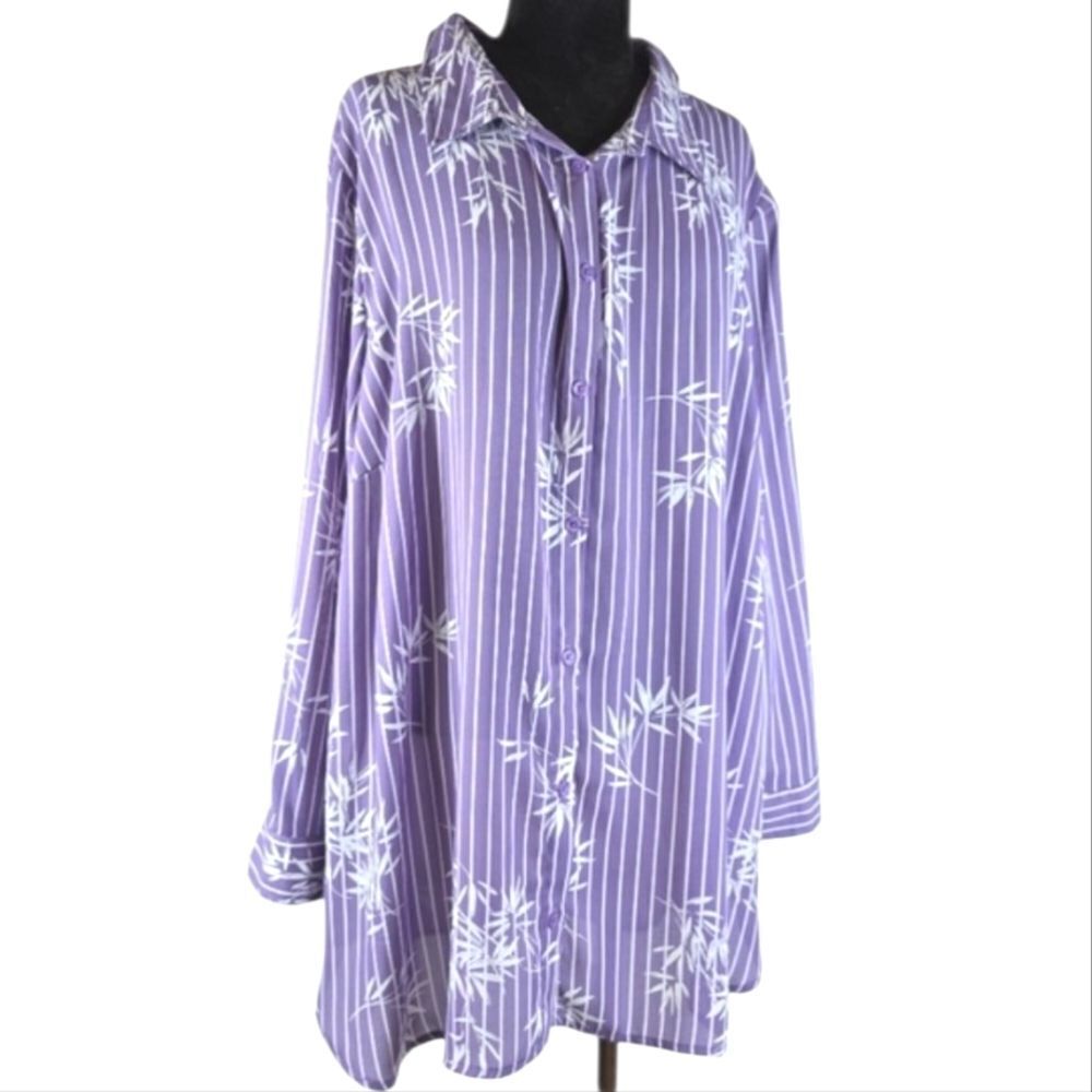 Catherine’s Purple Stripe Bamboo Print Button Down Blouse – Size 1X (18/20)